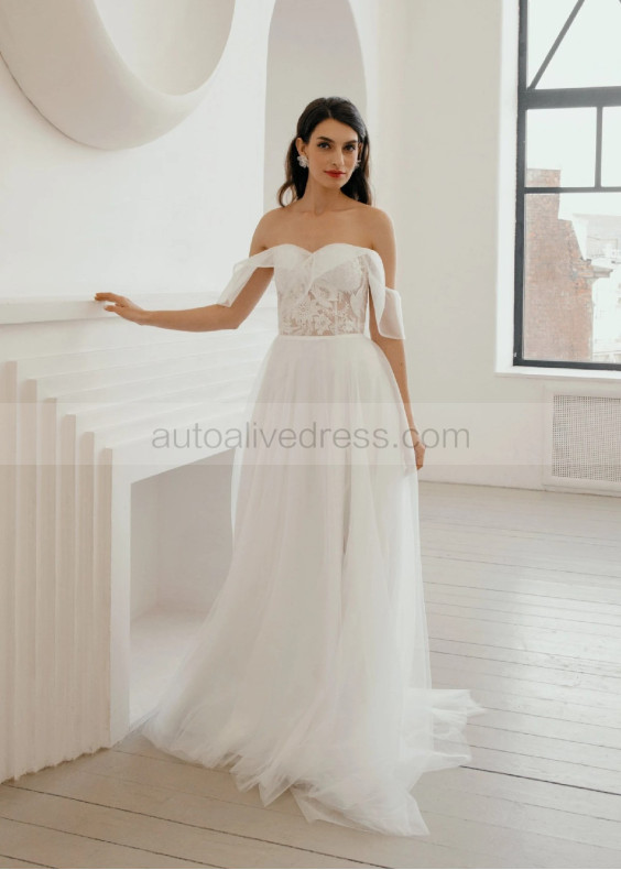 Off Shoulder Ivory Lace Sparkly Tulle Gorgeous Wedding Dress